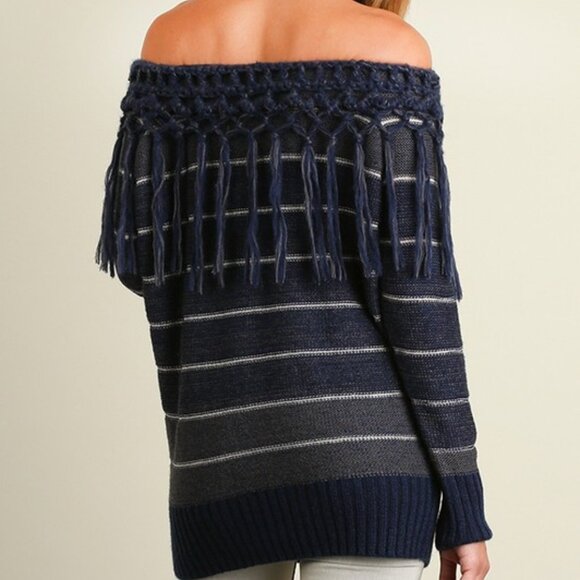 NWT Umgee Comfy Blue Striped Fringed Bohemian Off Shoulder Cotton Sweater - Picture 6 of 6